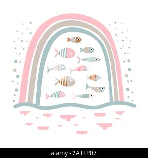 Joli poisson de dessin animé et arc-en-ciel sous l'imprimé aquatique Illustration de Vecteur