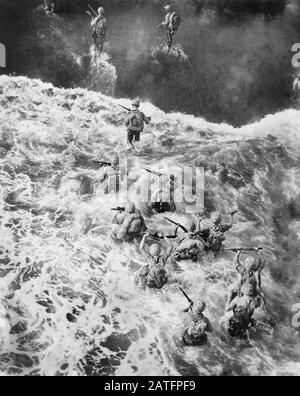 Les marines américaines ont touché trois pieds d'eau alors qu'elles quittent leur LST pour prendre la plage à Cape Gloucester, Papouasie-Nouvelle-Guinée, département de la Défense des États-Unis, photo du corps de marine des États-Unis, le 26 décembre 1943 Banque D'Images