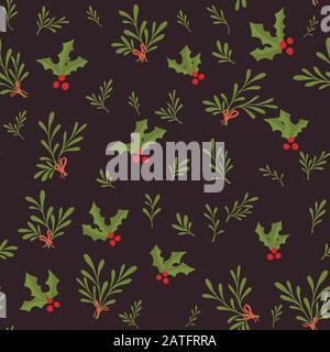 Motif transparent de GUI avec baies et feuilles vertes noël amour cerveau plat illustration vectorielle sur fond brun Illustration de Vecteur
