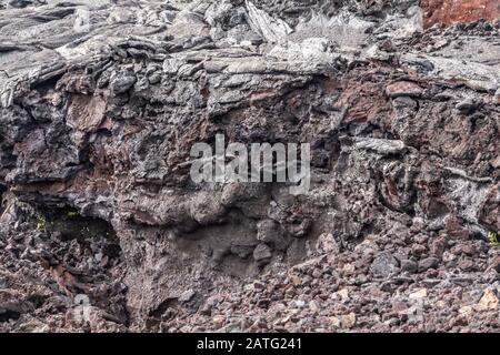 Leilani Estate, Hawaï, États-Unis. - 14 janvier 2020: 2018 éruption du volcan Kilauea durci champ de lave noire. Gros plan de la composition de la couche avec les marron Banque D'Images