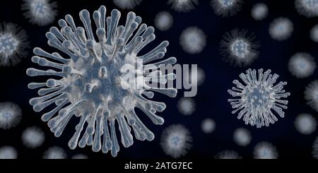 Virus bleus avec poils et texture rugueuse flottant sur un fond bleu foncé. Illustration tridimensionnelle Banque D'Images
