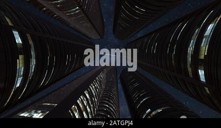 vue du dessous sur les gratte-ciel la nuit Banque D'Images