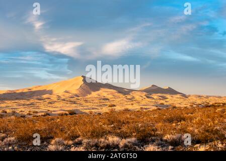 Grandes dunes de sable situées dans la Réserve nationale de Mojave en Californie. La lumière naturelle projette des ombres profondes sur ce magnifique paysage désertique Banque D'Images