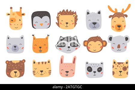 Ensemble de jolis visages d'animaux sauvages, ours, cerf, panda, lapin, écureuil. Animaux à illustration vectorielle isolés pour bébé, enfant, conception de projet enfant. Joli style dessiné à la main. Illustration de Vecteur