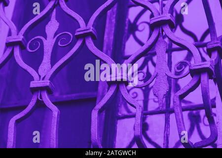 Fragment de clôture en fer forgé. Grille en acier forgé décoratif. Violet Banque D'Images