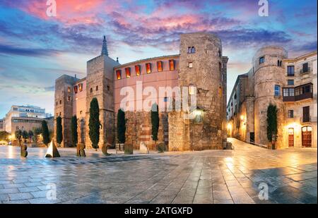 Panorama De L'Ancienne Porte Romaine Et De Placa Nova, Quartier Gothique De Barri, Barcelone, Espagne Banque D'Images