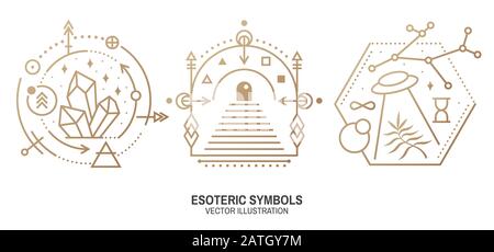 Symboles ésotériques. Vecteur. Écusson géométrique à fines lignes. Icône de contour pour l'alchimie ou la géométrie sacrée. Mystic et design magique avec cristaux, soleil, vol ovni, étoiles, porte à un autre monde et lune. Illustration de Vecteur