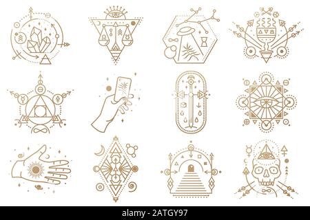Symboles ésotériques. Vecteur. Écusson géométrique à fines lignes. Icône de contour pour l'alchimie ou la géométrie sacrée. Mystic et design magique avec cristaux, soleil, vol ovni, étoiles, crâne, porte à un autre monde et lune. Illustration de Vecteur