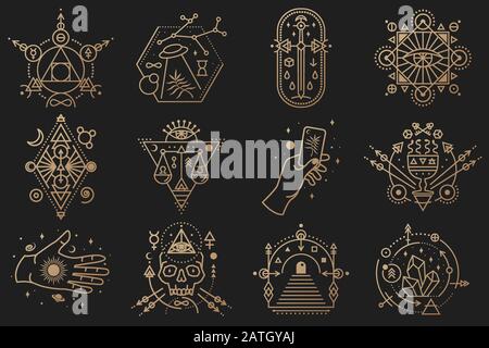 Symboles ésotériques. Vecteur. Écusson géométrique à fines lignes. Icône de contour pour l'alchimie ou la géométrie sacrée. Mystic et design magique avec cristaux, soleil, vol ovni, étoiles, crâne, porte à un autre monde et lune. Illustration de Vecteur