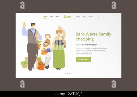 Groupe de famille heureuse tenant zéro déchet des produits dans les mains, se foulant les mains et montrant le signe OK. Modèle de page d'accueil Zero Waste Lifestyle avec joyful Illustration de Vecteur