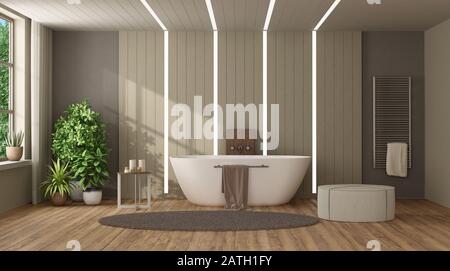 Salle de bains moderne marron et beige avec baignoire contre lambris en bois avec lumière LED - rendu tridimensionnel Banque D'Images