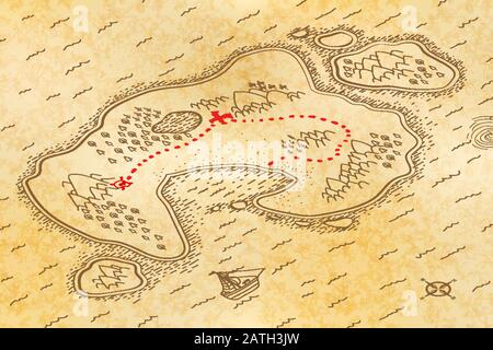 Carte des anciens pirates sur papier texturé ancien avec chemin rouge à conserver dans la vue isométrique Illustration de Vecteur