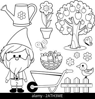 Collection d'illustrations de jardinage avec gnome de jardin. Page de livre de coloriage noir et blanc vectoriel Illustration de Vecteur