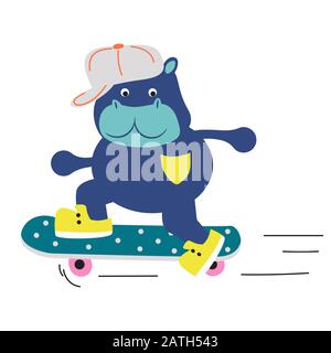 Mignonne hippo garçon roulant sur une illustration de dessin animé vectoriel de skateboard. Illustration de Vecteur