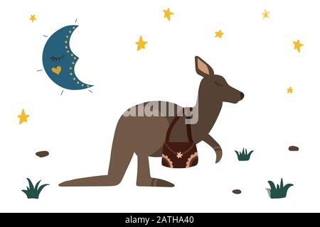 Joli kangourou avec sac. Lune et étoiles dans le ciel de nuit. Rêves doux. Illustration vectorielle. Animal australien. Illustration de Vecteur