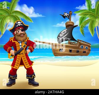 Pirate Captain Beach Ship Cartoon Contexte Illustration de Vecteur