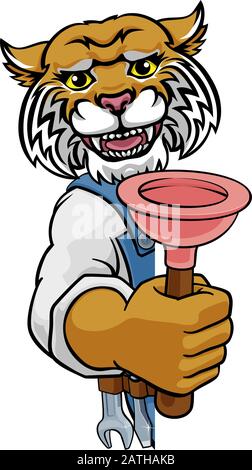 Poussoir Wildcat Plumber Cartoon Mascot Holding Illustration de Vecteur