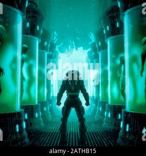 Rencontre avec votre constructeur / illustration tridimensionnelle de la scène de science-fiction avec l'astronaute à l'intérieur d'un laboratoire extraterrestre futuriste rempli de clones humains Banque D'Images
