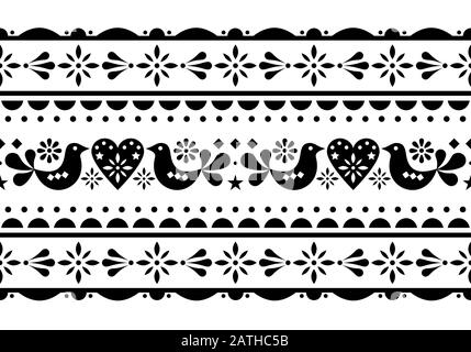 Amour scandinave, la Saint-Valentin folk art seamless vector modèle long, floral mignon design nordique avec des oiseaux, des coeurs et des fleurs Illustration de Vecteur