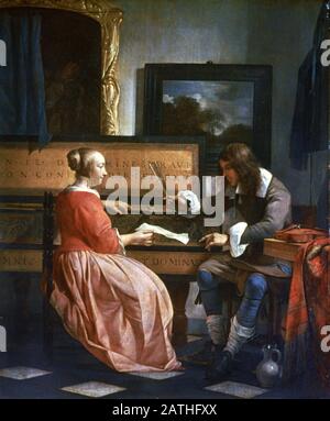 Gabriel Metsu Ecole néerlandaise UN Homme et une Femme assis par un Virginie' Vers 1665 huile sur chêne (38,4 x 32,2 cm) Londres, National Gallery Banque D'Images