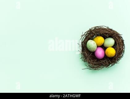 Oeufs de Pâques dans un nid avec un fond coloré Banque D'Images