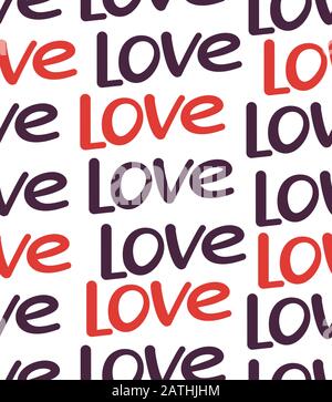 Motif vectoriel brillant sans couture avec mots d'amour isolés sur blanc. Texture sans fin avec texte moderne positif en rouge violet. Concept de conception pour Illustration de Vecteur