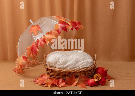 panier pour bébé décoré avec parasol et feuilles d'automne Banque D'Images