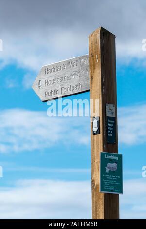 Panneau indiquant l'itinéraire de la Mur d'Hadrien près de chemin, Housesteads Parc National de Northumberland, Angleterre Banque D'Images