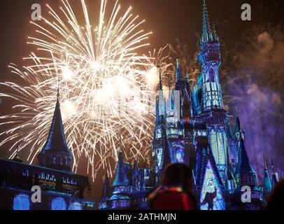 Orlando, États-Unis - 19 janvier 2020 : château bleu coloré du parc disney à la lumière des feux d'artifice Banque D'Images