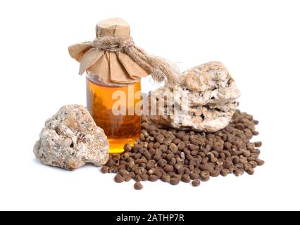 Abelmoschus moschatus ou Ambrette Seed avec Ambergris naturel. Isolé sur fond blanc Banque D'Images