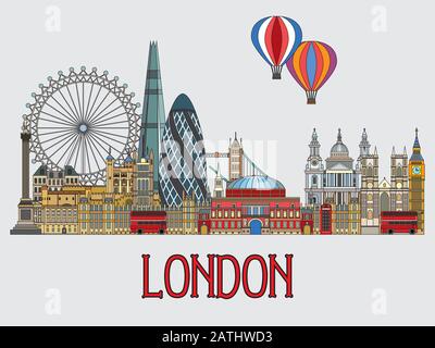 Ensemble d'œuvres d'art vectorielles colorées de Londres. Illustration vectorielle Skyline isolée sur fond gris. Ensemble d'illustrations vectorielles colorées de l'attr Illustration de Vecteur