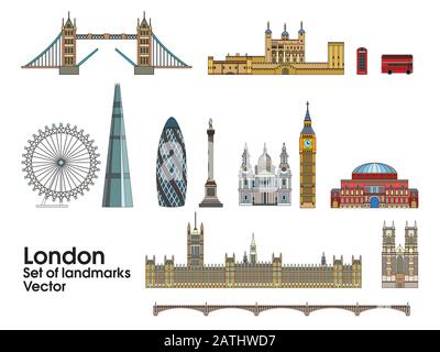 Ensemble d'œuvres d'art vectorielles colorées de Londres. Illustration vectorielle Skyline isolée sur fond blanc. Ensemble d'illustrations vectorielles colorées de att Illustration de Vecteur