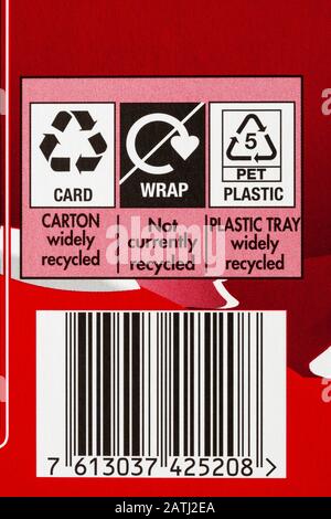 Informations sur le recyclage et code-barres sur la boîte de Nestlé KitKat SELECTION Chunky - symbole logo recyclage recyclage Banque D'Images