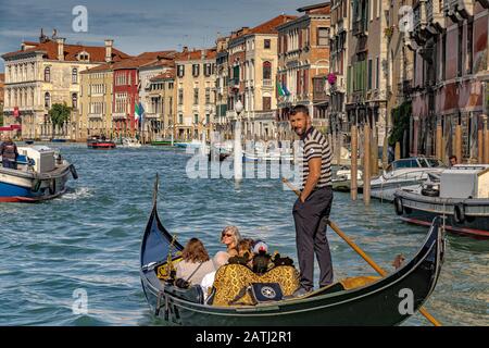 Un gondolier qui emmène les touristes pour une balade en gondole le long du Grand Canal, Venise, Italie Banque D'Images