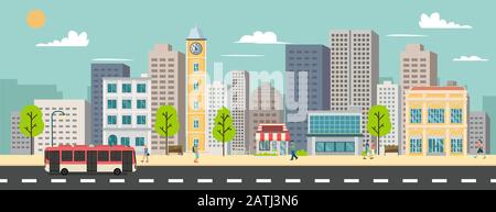 Paysage urbain et bâtiments d'entreprise, minibus et van sur l'illustration vectorielle de rue.bâtiments d'affaires et arrêt de bus public en urbain.Ville intelligente avec SKY ba Illustration de Vecteur