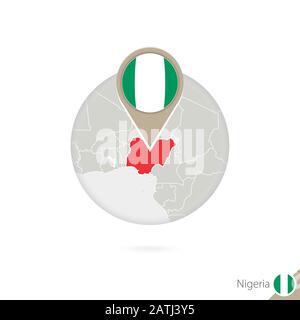 Carte et drapeau du Nigeria en cercle. Carte du Nigeria, PIN du drapeau du Nigeria. Carte du Nigeria dans le style du monde. Illustration Vectorielle. Illustration de Vecteur