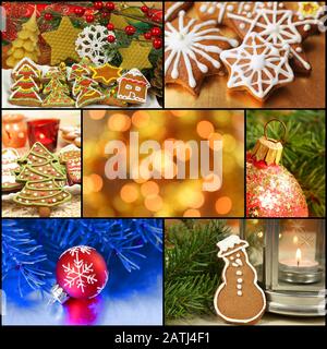 Collage de Noël composé de biscuits au pain d'épices, de boules, de bougies et de lumières Banque D'Images