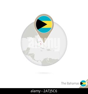 La carte et le drapeau des Bahamas en cercle. Carte des Bahamas, broche du drapeau des Bahamas. Carte des Bahamas dans le style du globe. Illustration Vectorielle. Illustration de Vecteur