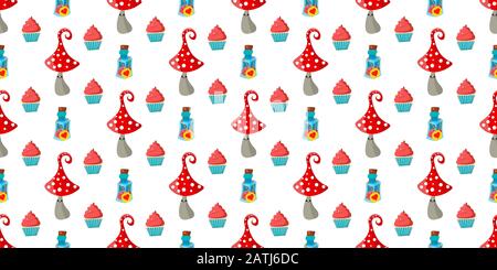 motif puéril sans coutures. Champignons Amanita. Cupcakes et gâteaux. Alice au pays des merveilles... Illustration de Vecteur