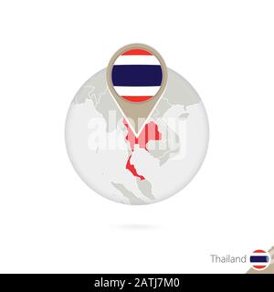 Thaïlande carte et drapeau en cercle. Carte de Thaïlande, broche drapeau de Thaïlande. Carte de Thaïlande dans le style du globe. Illustration Vectorielle. Illustration de Vecteur