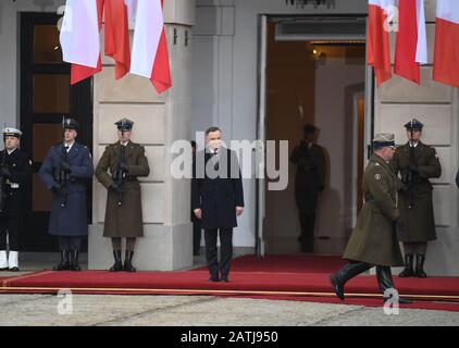 Varsovie, Pologne. 3 février 2020. Président de la République de France Emmanuel Macron visite le président de la Pologne Andrzej Duda au Palais présidentiel Banque D'Images