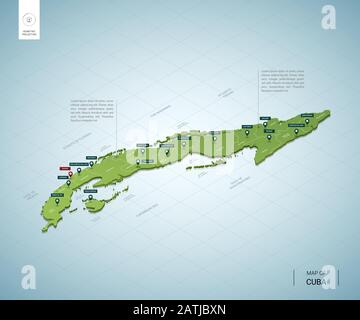 Carte stylisée de Cuba. Carte verte isométrique tridimensionnelle avec villes, frontières, capitale de la Havane, régions. Illustration vectorielle. Couches modifiables clairement étiquetées. Mot Illustration de Vecteur