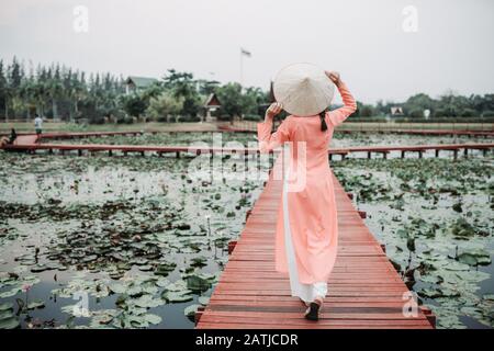 L'arrière de la jeune femme de tourisme portant la robe traditionnelle d'Ao Dai Vietnam Banque D'Images