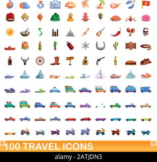 100 icônes de déplacement définies. Illustration de dessin animé de 100 icônes de voyage scénario isolé sur fond blanc Illustration de Vecteur