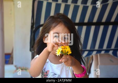 La petite fille tient des daisies dans sa main, regardant la Marguerite fortune Banque D'Images