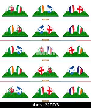 Équipe de rugby Pays de Galles, Italie, Irlande, Ecosse, France, Angleterre sur terrain de rugby vert, équipes de rugby de championnat. Illustration de Vecteur