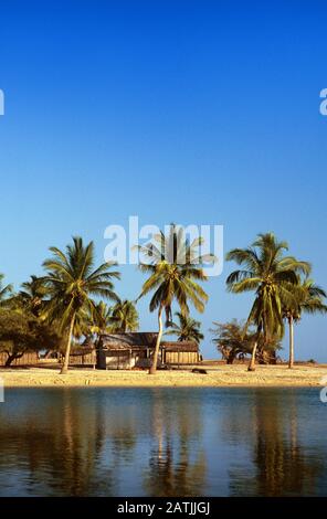 Île idyllique au large de Sandy Island ou d'Islet bordée de palmiers à Belo sur Mer, dans l'ouest de Madagascar Banque D'Images