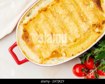 Cannelloni avec remplissage de ricotta et persil, cuit avec sauce béchamel, vue sur le dessus, gros plan Banque D'Images