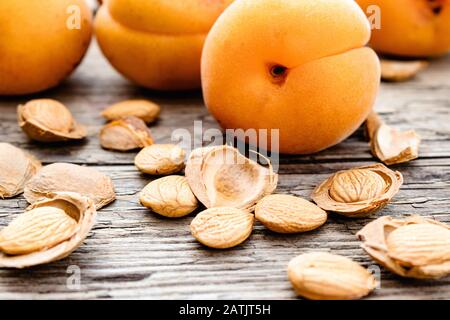 Graines d'abricot et d'abricot sur le fond de vieux planches. Abricots pour la fabrication de comprimés et de médicaments. Gros plan. Banque D'Images