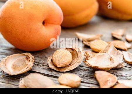 Graines d'abricot et d'abricot sur le fond de vieux planches. Abricots pour la fabrication de comprimés et de médicaments. Gros plan. Banque D'Images